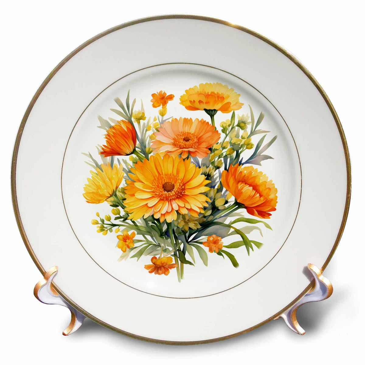 3dRose Pretty Calendula and Acacia Flowers Illustration - Plates (cp-384112)