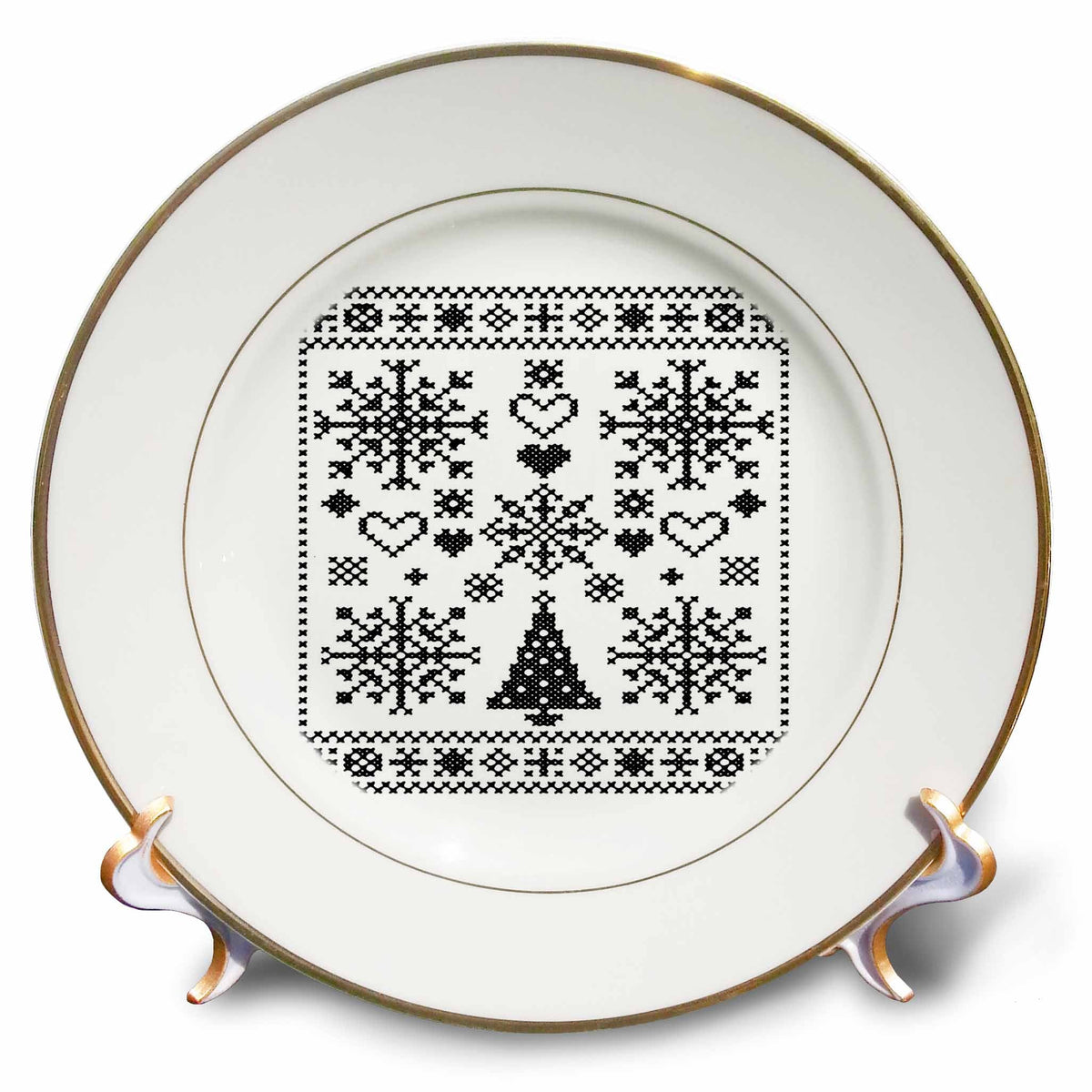 3dRose Christmas Lover Cross Pattern Sampler Artistic Design Black - Plates (cp-384880)