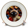 3dRose CR Media - Illustrations - Siamese cat with Floral Background - Plates (cp-385178)