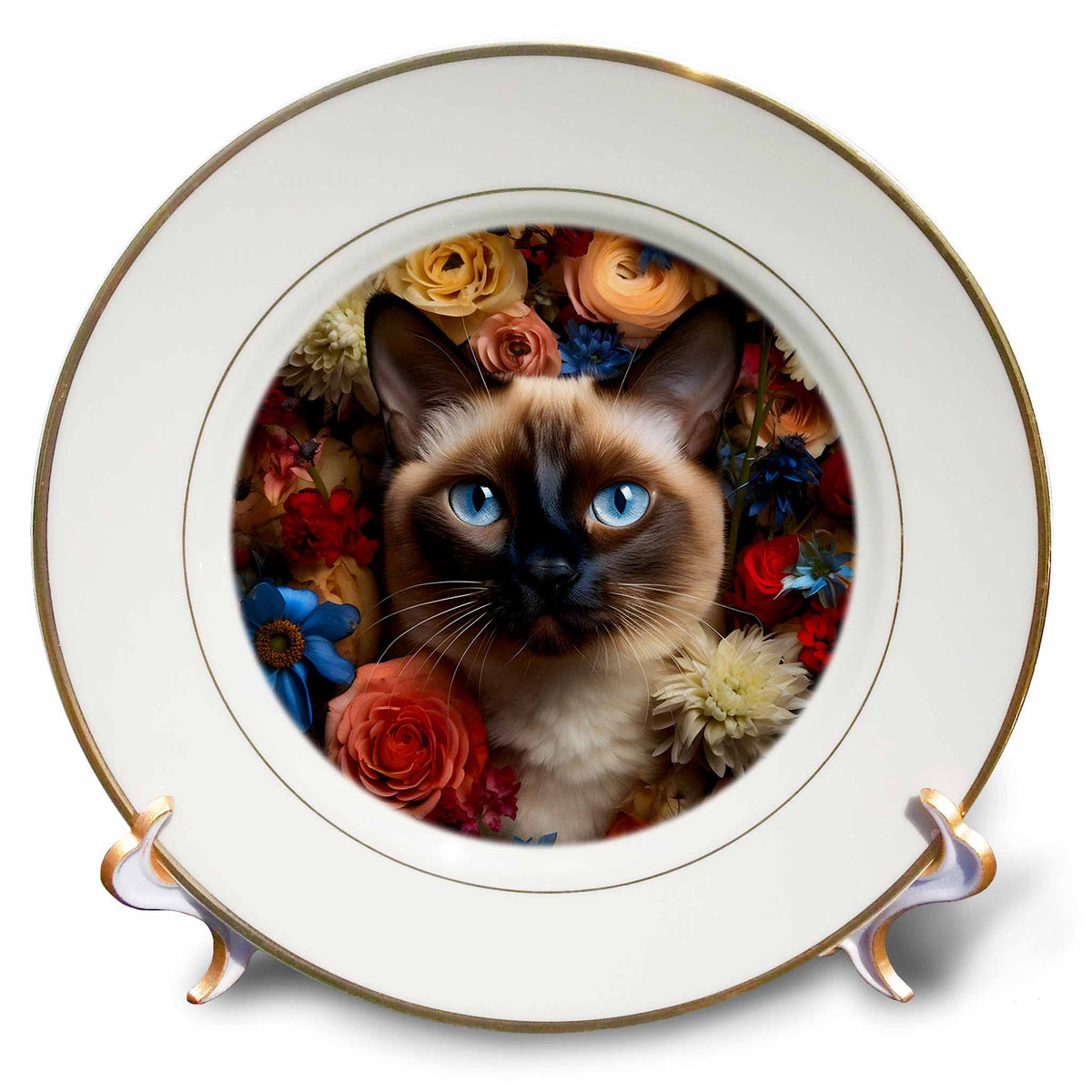 3dRose CR Media - Illustrations - Siamese cat with Floral Background - Plates (cp-385178)