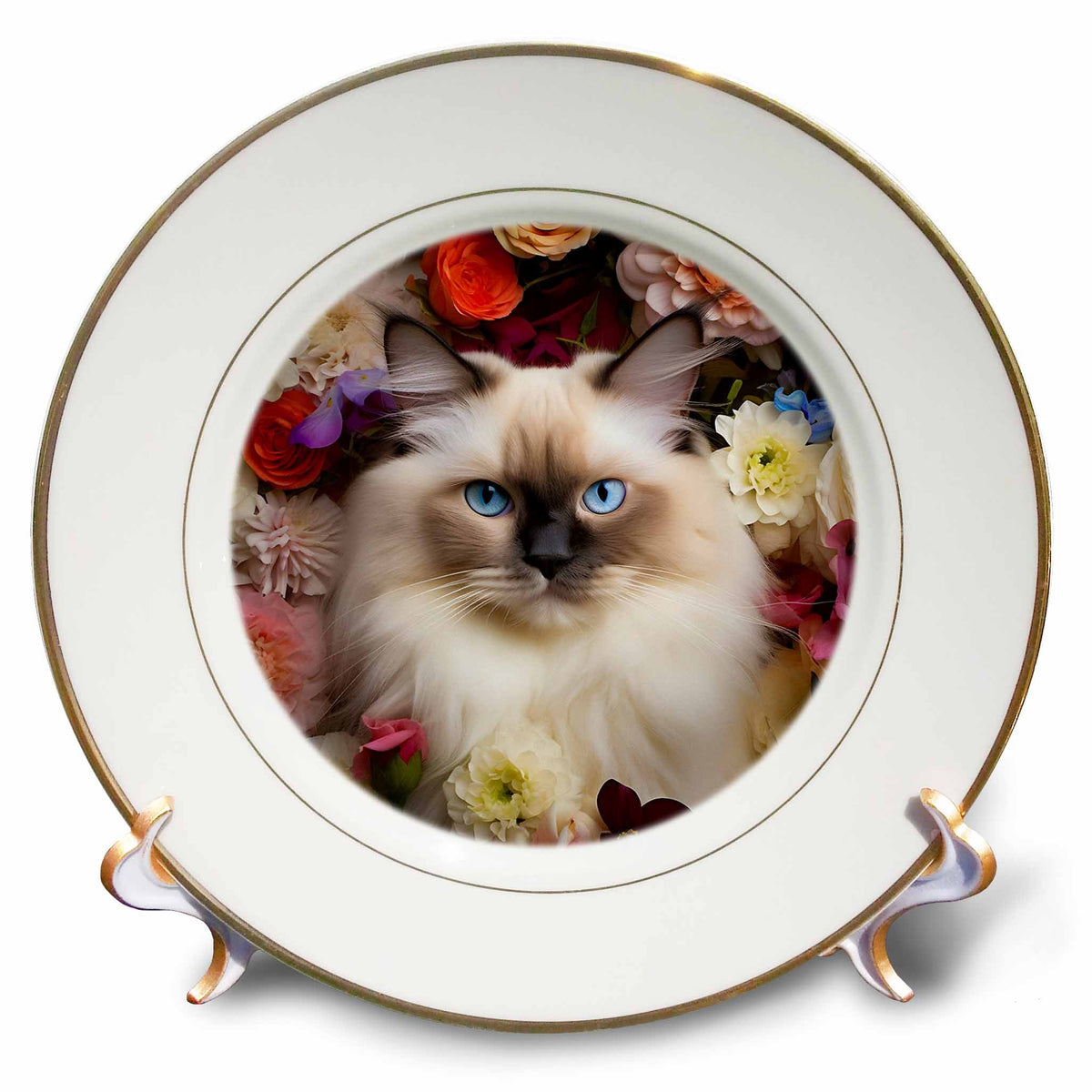 3dRose CR Media - Illustrations - Birman cat with Floral Background - Plates (cp-385183)