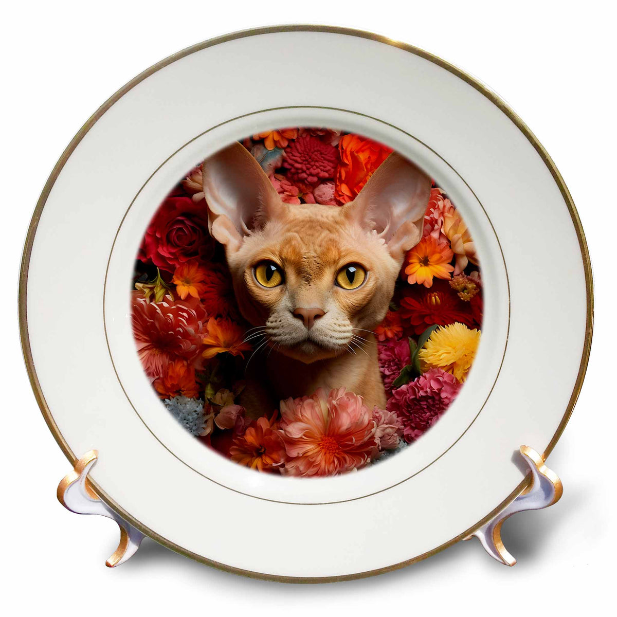 3dRose CR Media - Illustrations - Devon Rex cat with Floral Background - Plates (cp-385186)