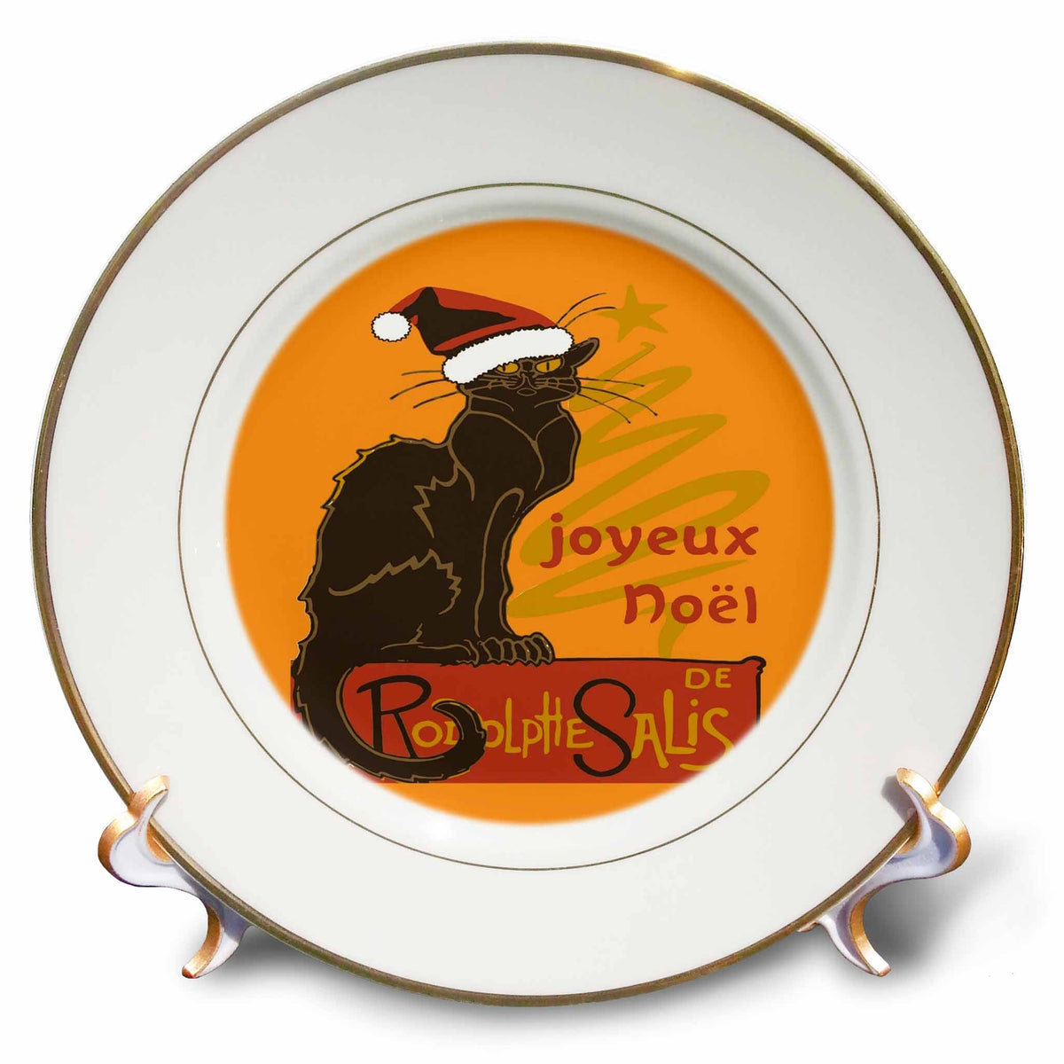 3dRose Joyeux Noel Le Chat Noir with Stylized Golden Tree - Plates (cp-385238)