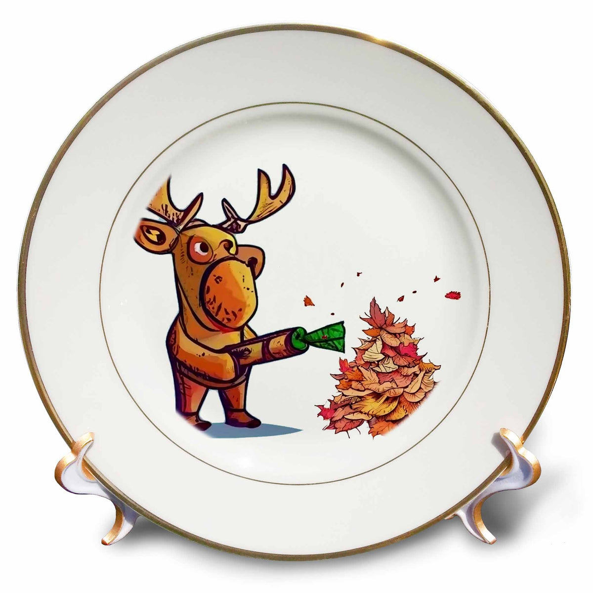 3dRose Cute Cool Colorful Moose Using Leaf Blower Blower Fall Leaves - Plates (cp-385340)