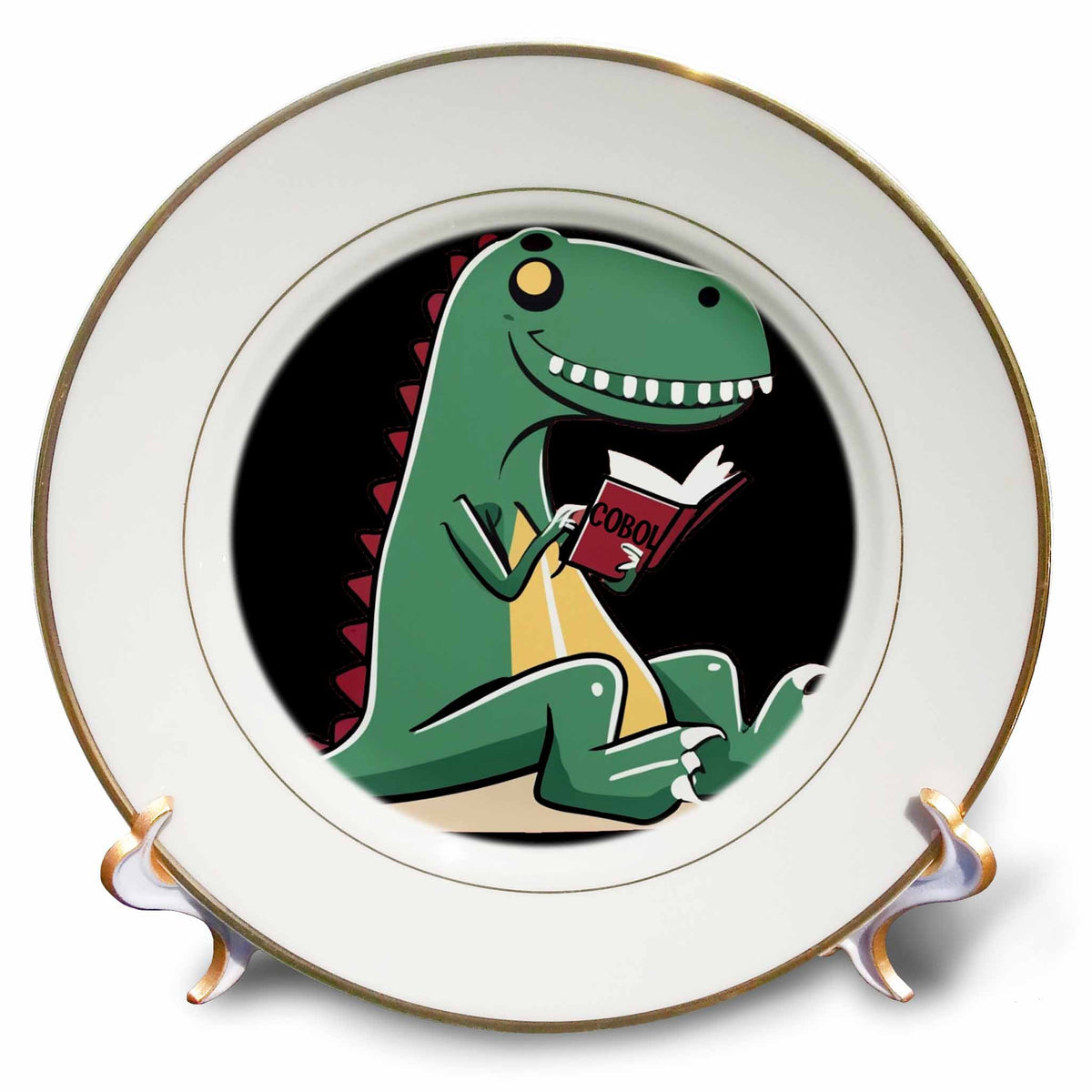 3dRose Cute Funny T-rex Dinosaur Reading Book Called Cobol Programming - Plates (cp-385418)