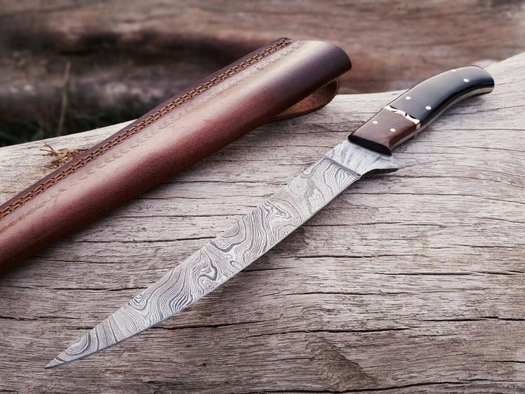 Custom Handmade Damascus Steel Fishing Fillet Knife - 13" Blade with Rosewood and Buffalo Horn Handle & Leather Sheath | Best Flexible Fillet Knives