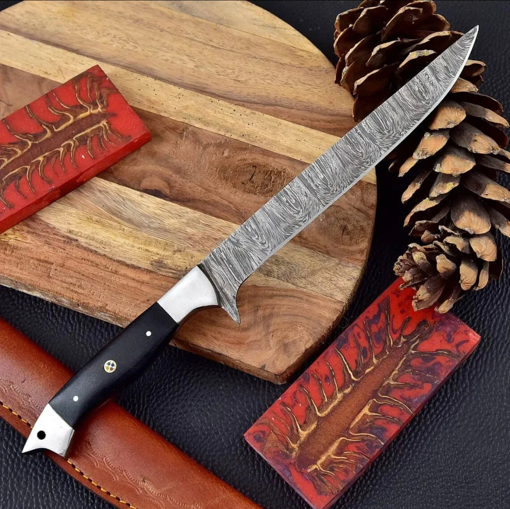 Custom Handmade Damascus Steel Fishing Fillet Knife - 13" Blade with Buffalo Horn Handle and Steel Bolster & Leather Sheath | Top Flexible Fillet Knife