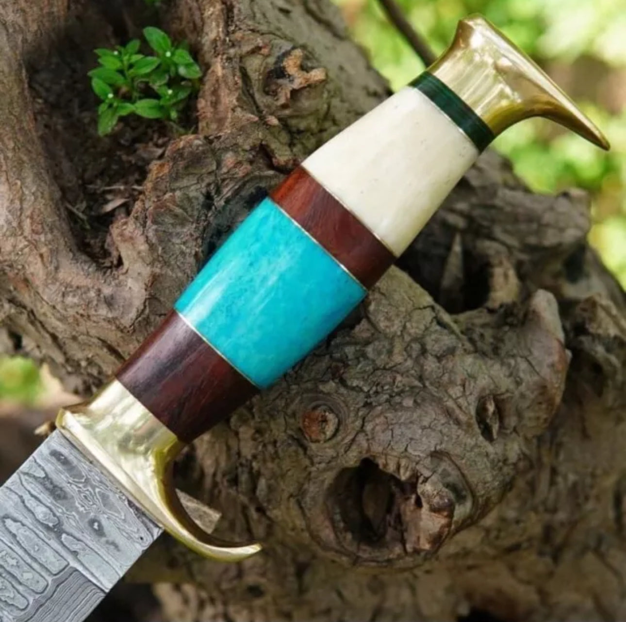 Custom Handmade Damascus Steel Bowie Knife with Brass Guard & Color Bone Handle | Leather Sheath Included