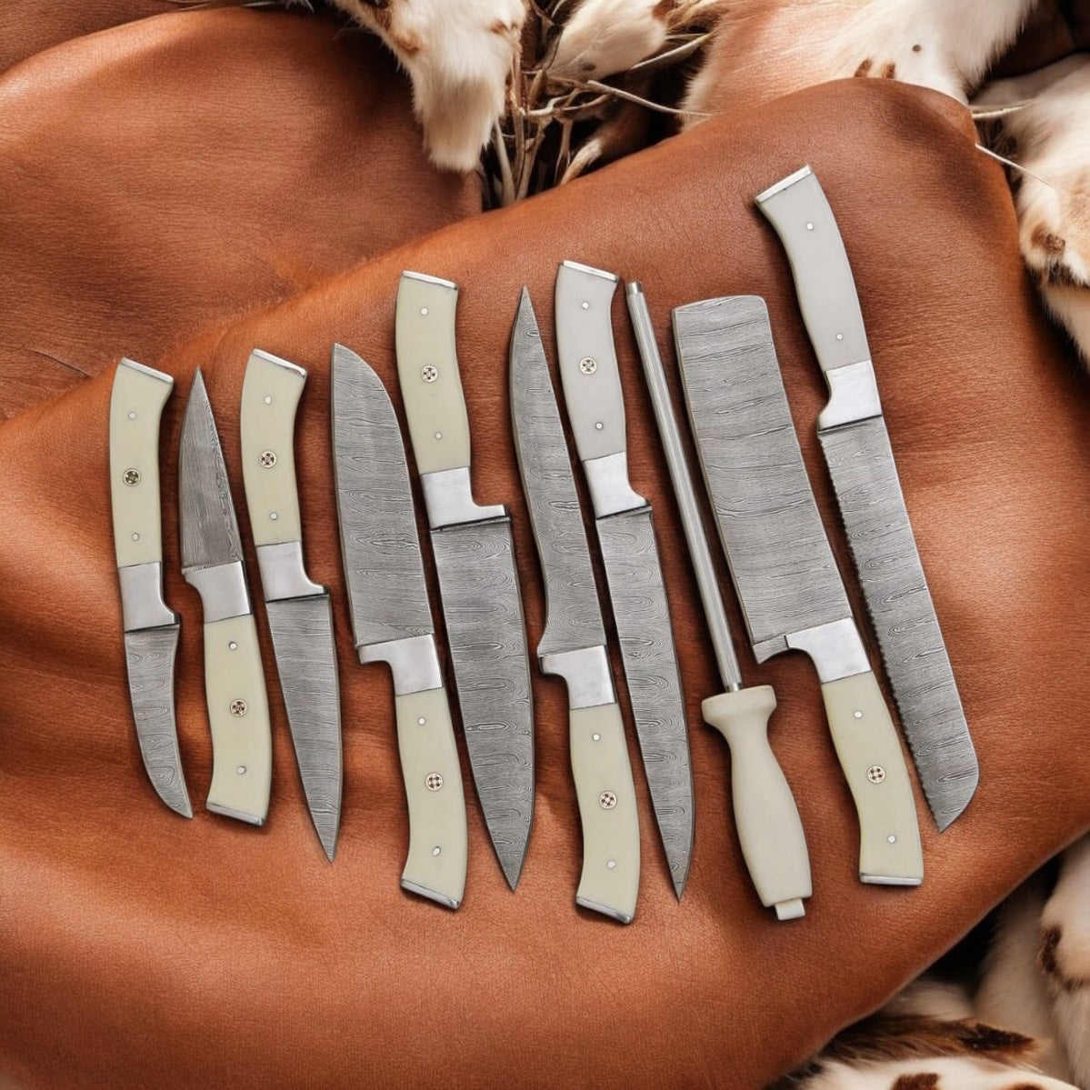 "Premium Damascus Kitchen Knife Set with Leather Case – Handcrafted Sharp Blades"