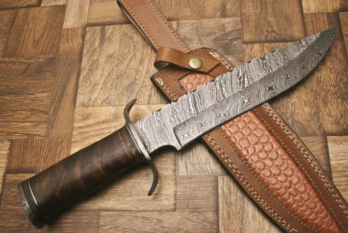 Custom Handmade 13-Inch Damascus Steel Bowie Knife with Rosewood Handle and Damascus Guard