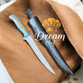 Best Fillet Knife – 13" Damascus Steel Blade with Sky Pine Cone Resin Handle & Leather Sheath