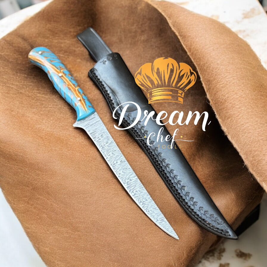 Best Fillet Knife – 13" Damascus Steel Blade with Sky Pine Cone Resin Handle & Leather Sheath