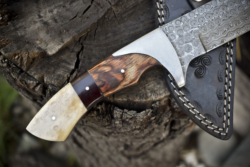Custom Handmade Damascus Steel Hunting Knife with Pakkawood & Camel Bone Handle, Steel Bolster | Includes Leather Sheath