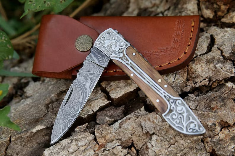 Fall Edition Damascus Folding Knife – 3" Blade, Rosewood Grip & Steel Bolster