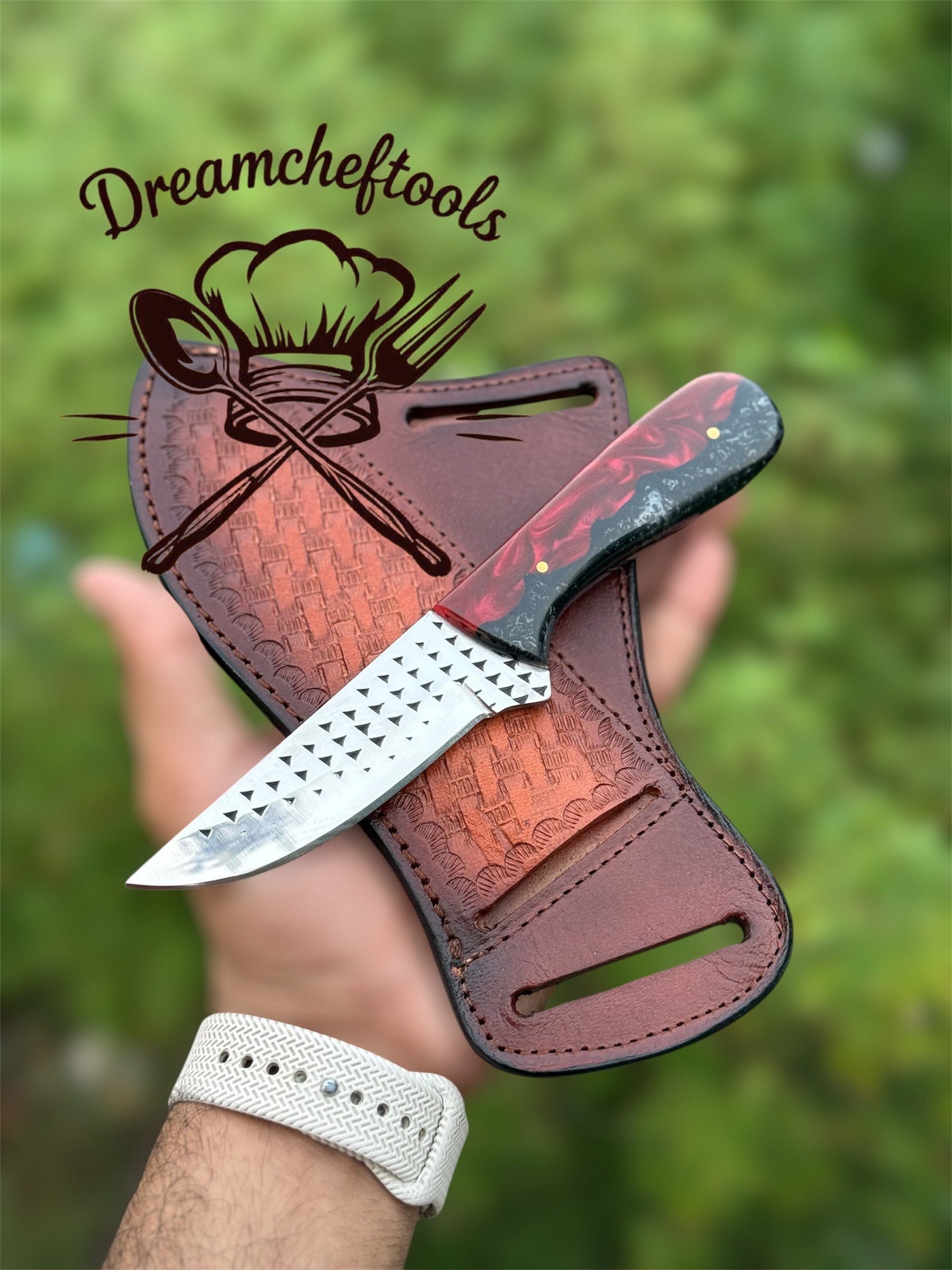 ct Title: Cowboy Knife with Leather Sheath – 8" Rasp Steel Blade & Epoxy Resin Handle