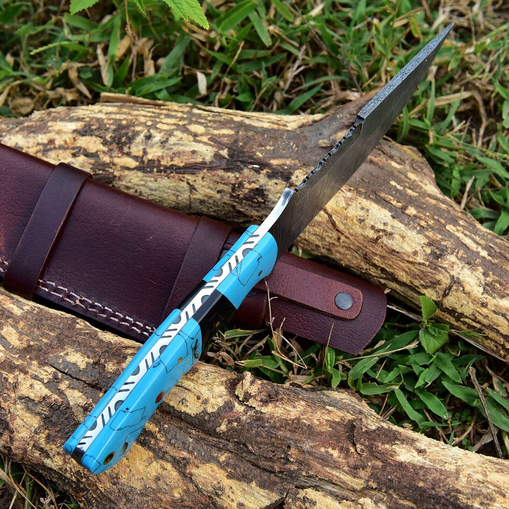 Custom Handmade Damascus Steel Hunting Knife – 10-Inch Blade with Resin Handle, Includes Leather Sheath