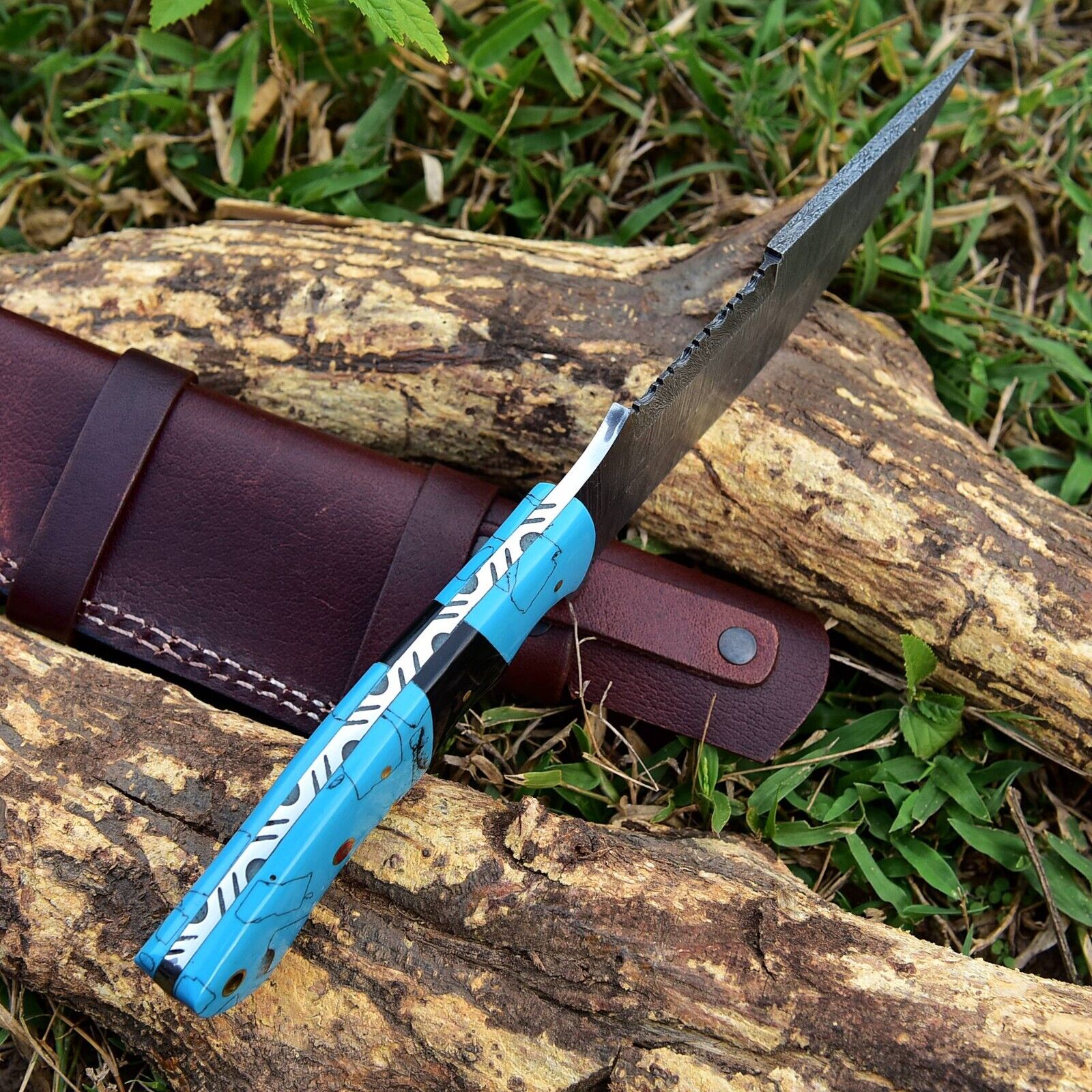 Custom Handmade Damascus Steel Hunting Knife – 10-Inch Blade with Resin Handle, Includes Leather Sheath