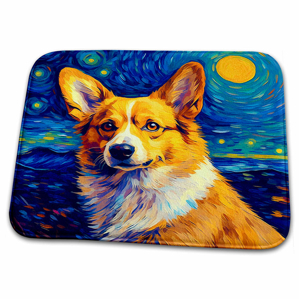 Dish Drying Mat - Pembroke Welsh Corgi portrait in Post-Impressionism style CR Media - Illustrations