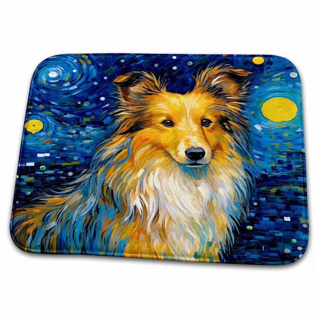 Dish Drying Mat - Shetland Sheepdog portrait in Post-Impressionism style CR Media - Illustrations