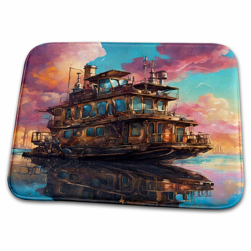 Dish Drying Mat - Steampunk Fantasy Houseboat Digital Art