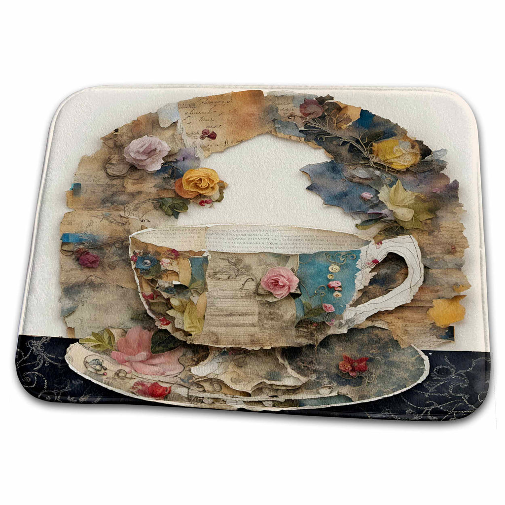 Dish Drying Mat - Mixed Media Collage Teacup AI Generated Digital Art