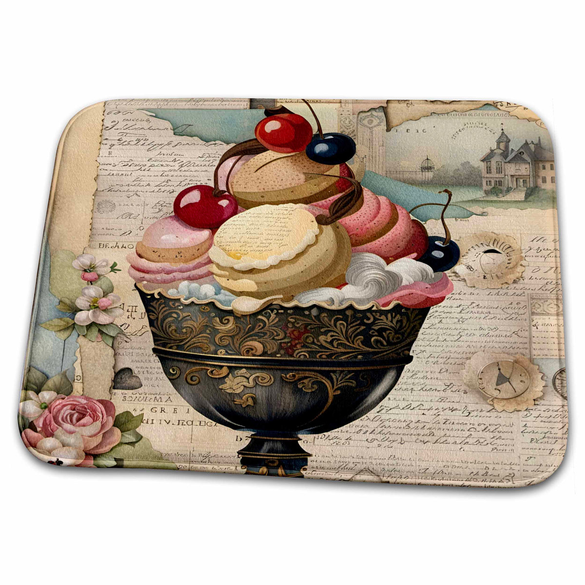 Dish Drying Mat - Vintage Ice Cream Sundae Mixed Media Collage AI Generated Digital Art