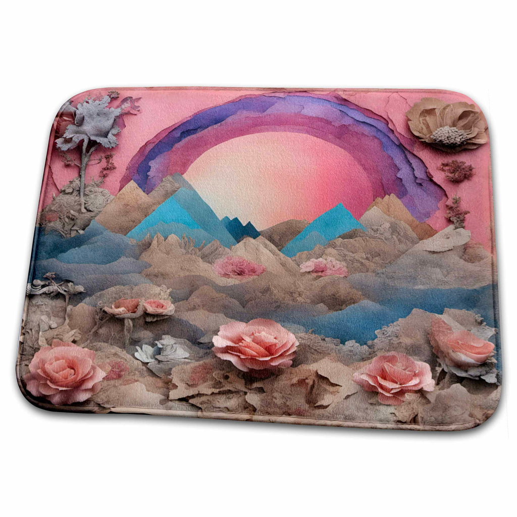 Dish Drying Mat - Pink Mountains and Flowers Collage Digital Art