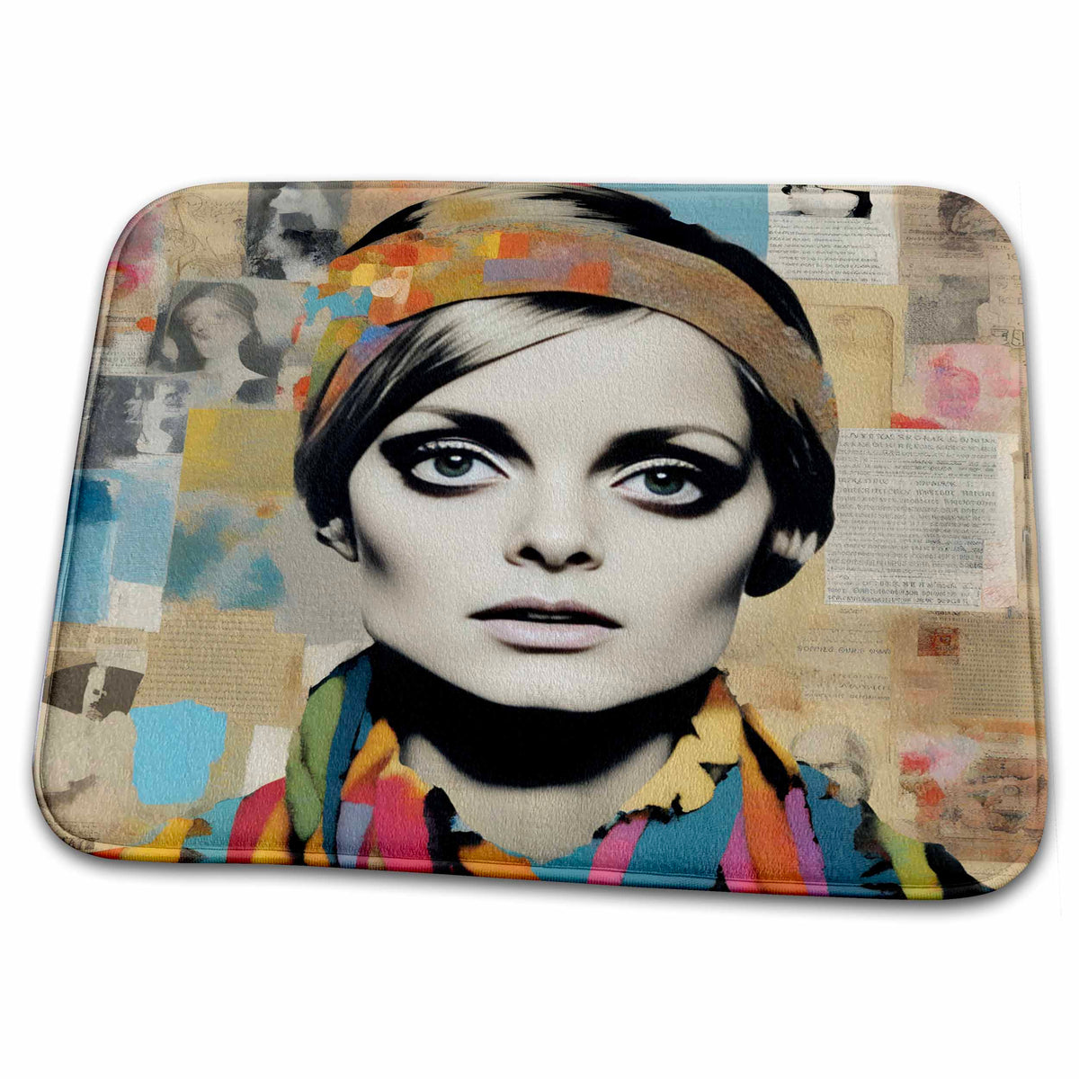 Dish Drying Mat - Retro Woman Mixed Media Collage Digital Art