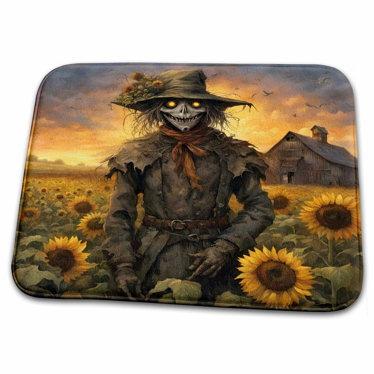 Dish Drying Mat - Horror Scarecrow in a Sunflower Field Digital Art