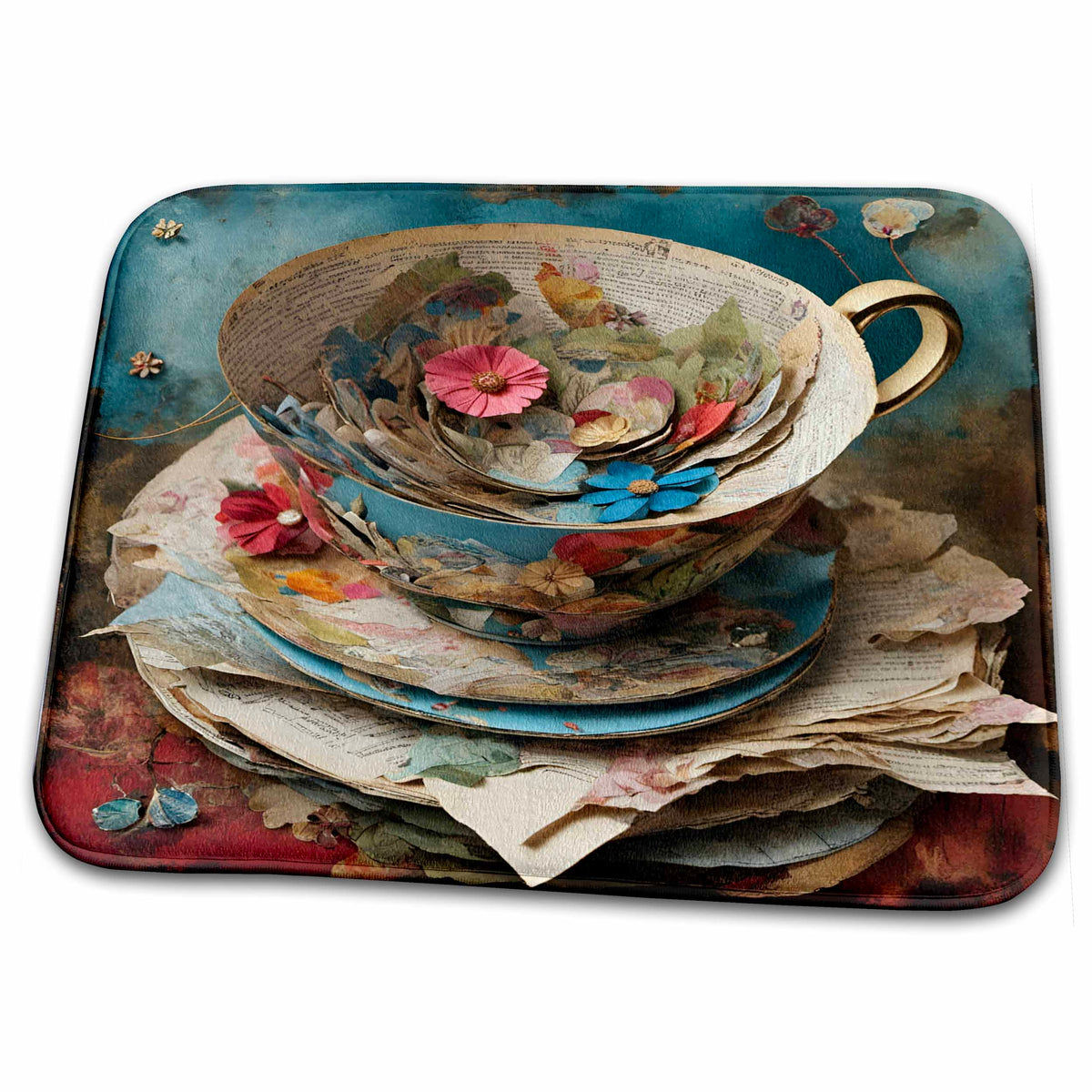 Dish Drying Mat - Vintage Teacup Mixed Media Collage Digital Art