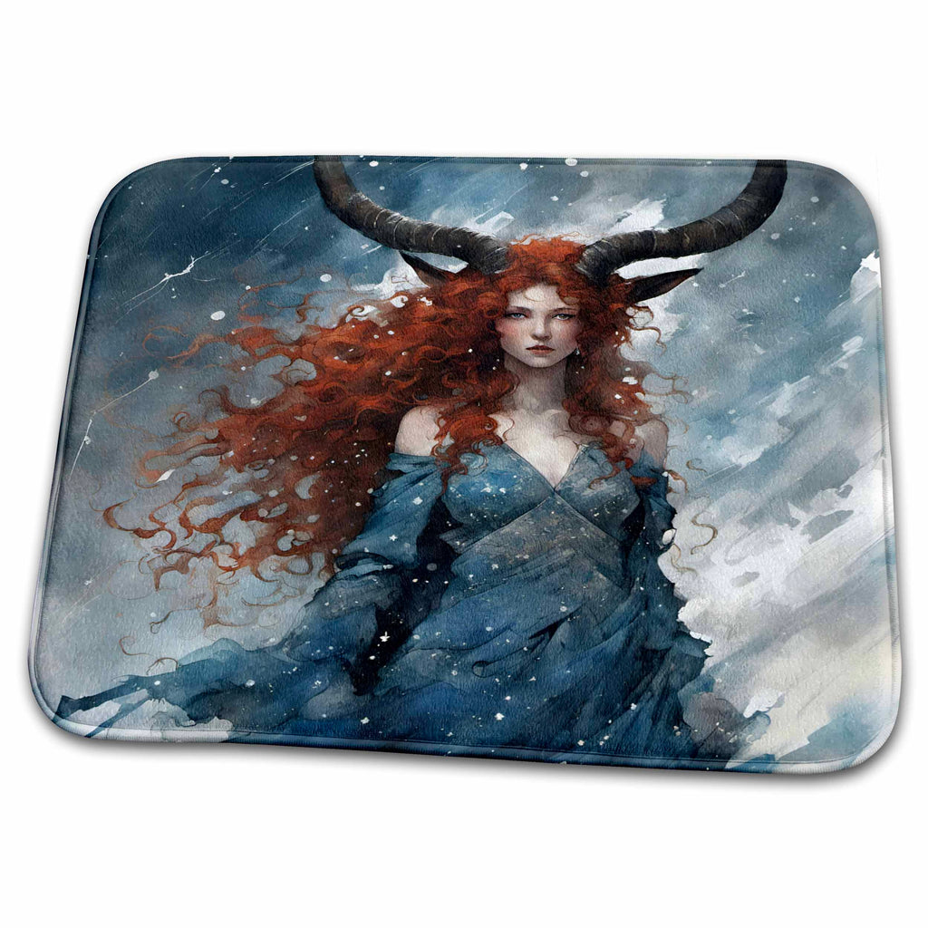 Dish Drying Mat - Horned Goddess in a Blue Dress Digital Art