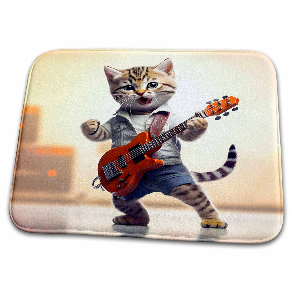 Dish Drying Mat - Rockstar Kitten playing an electric guitar CR Media - Illustrations