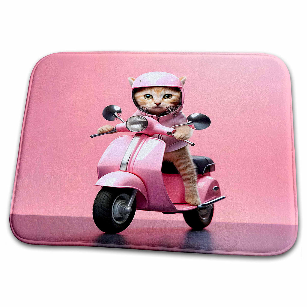 Dish Drying Mat - Cute kitten on a motor scooter with helmet CR Media - Illustrations