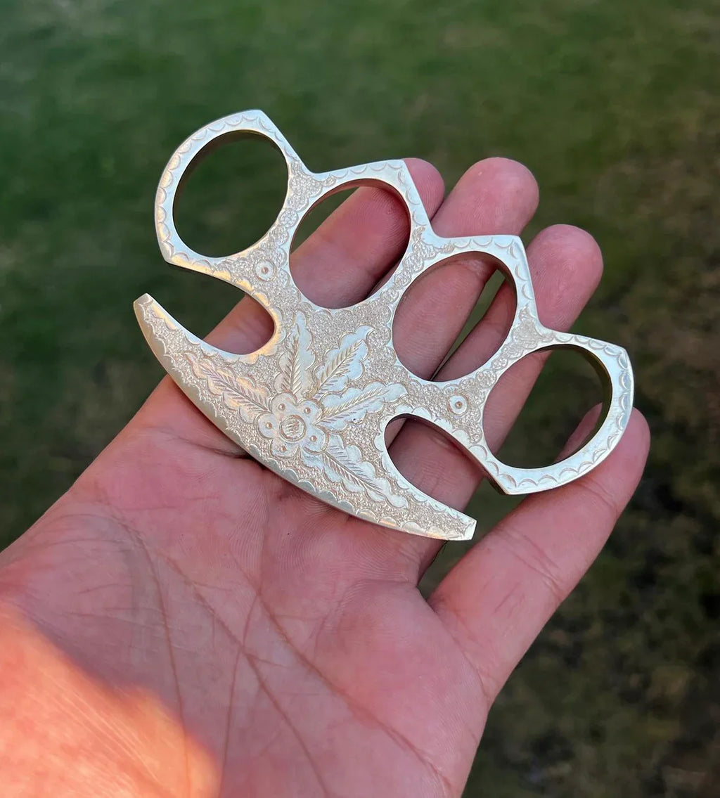 Engraved Brass Knuckles by Woody Knuckles – Solid Brass with Belt Loop Leather Case