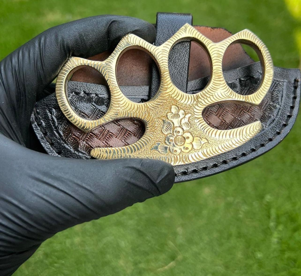 Custom Handmade Solid Brass Engraved Knuckle Duster with Leather Belt Case – Premium Self Defense Gift for Men