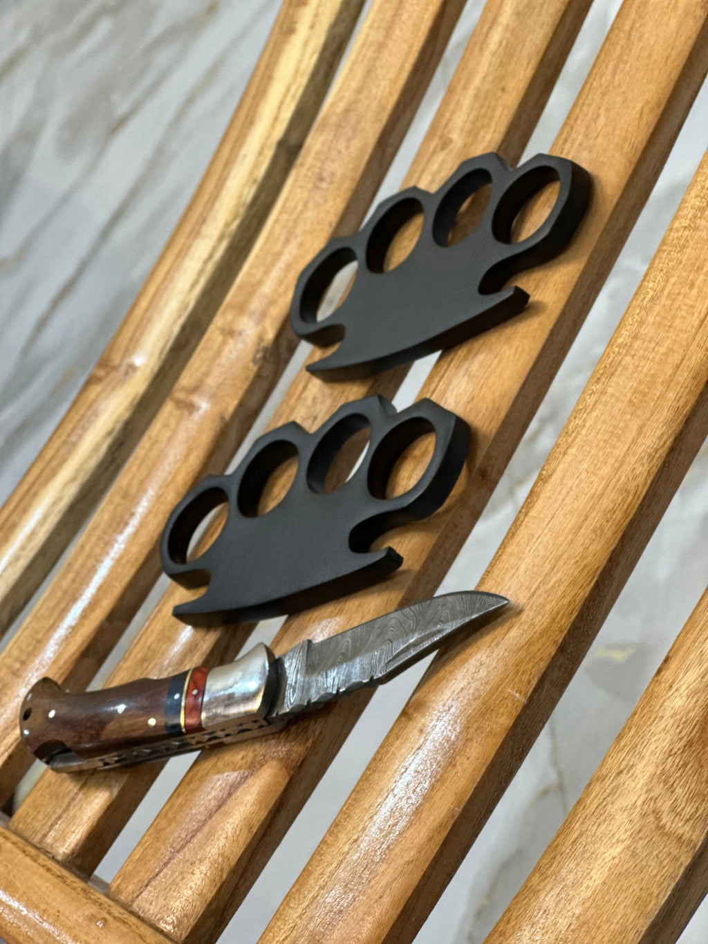 Custom Handmade Black Steel Knuckle with Pocket Knife and Belt Loop Leather Case - Solid Brass Self-Defense Duster for Everyday Carry
