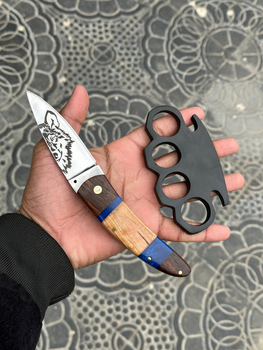 Custom Handmade Black Steel Knuckle with Pocket Knife and Belt Loop Leather Case - Solid Brass Self-Defense Duster for Everyday Carry