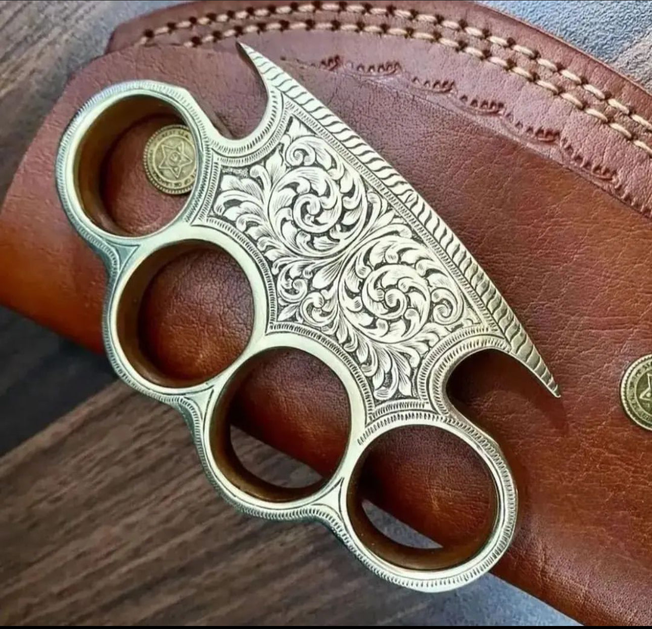 Engraved Brass Knuckles with Leather Belt Loop Case - Handmade Solid Brass Knuckle Duster for Self Defense & Everyday Carry