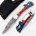 Custom Handmade Damascus Steel Pocket Knife with Texas Flag Handle Design - 3" Overall Length, Includes Leather Sheath