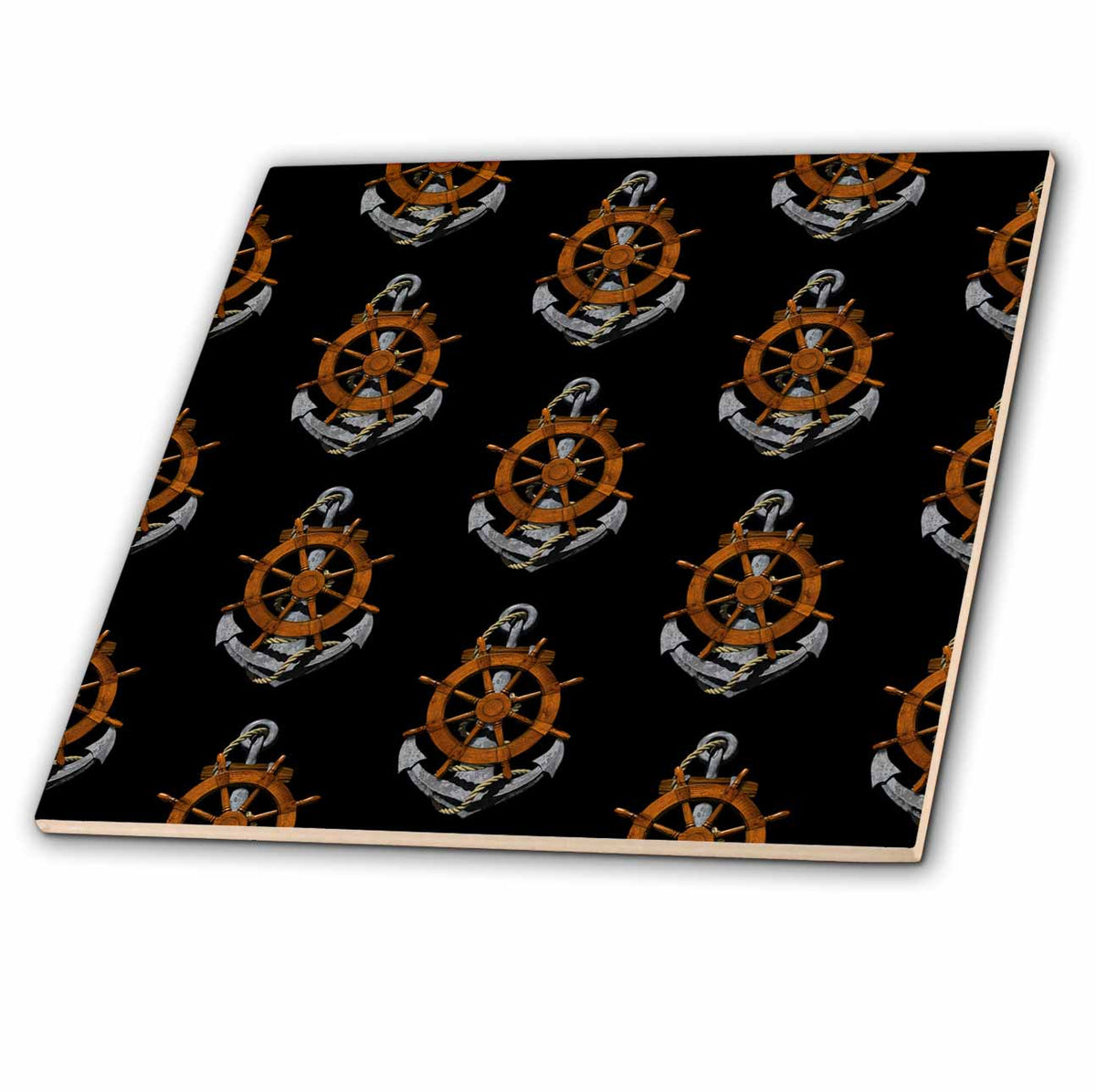 3dRose A Retro Ship Anchor and Helm Pattern Great for Any Sailor. - Tiles (ct_351344)