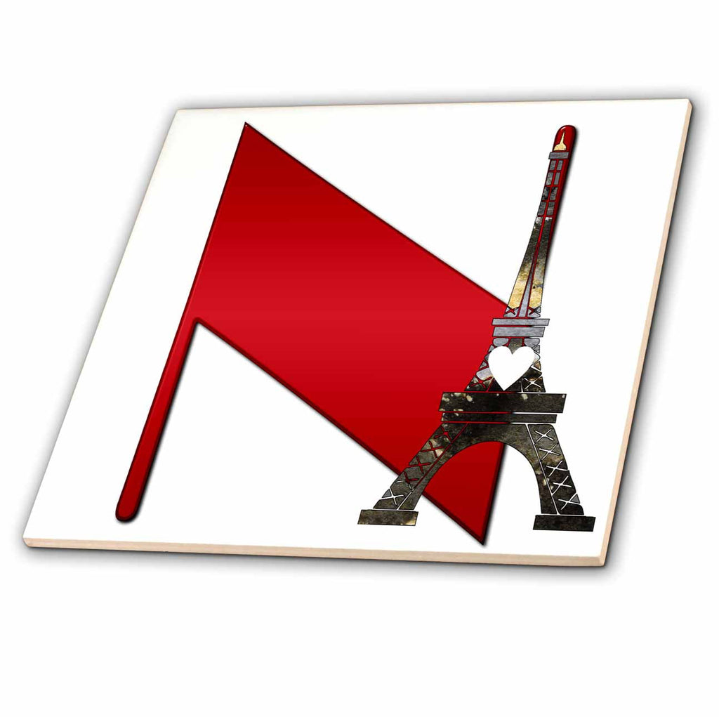 3dRose Red Monogram Initial N with an Eiffel Tower - Tiles (ct_354683)