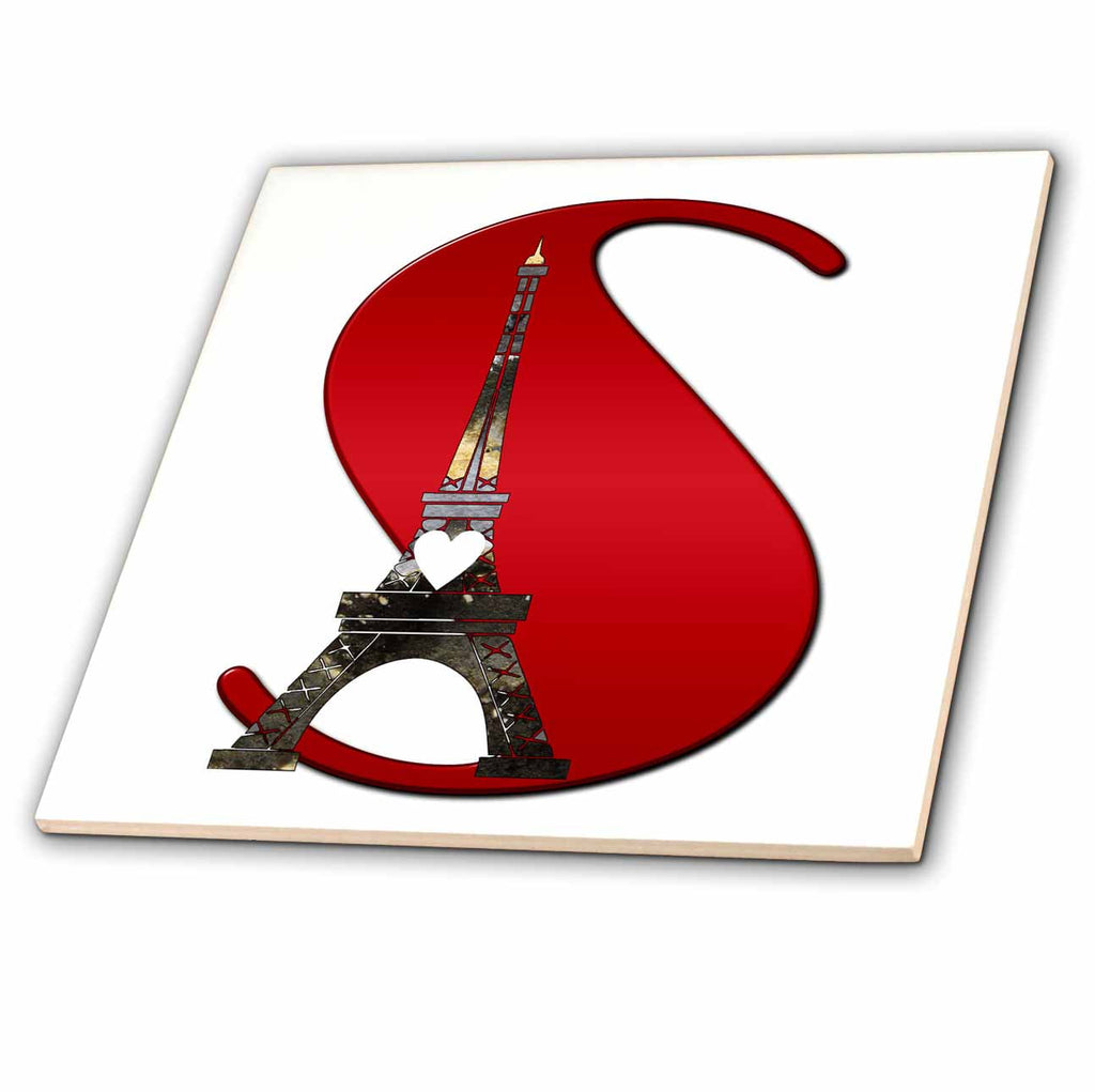 3dRose Red Monogram Initial S with an Eiffel Tower - Tiles (ct_354686)