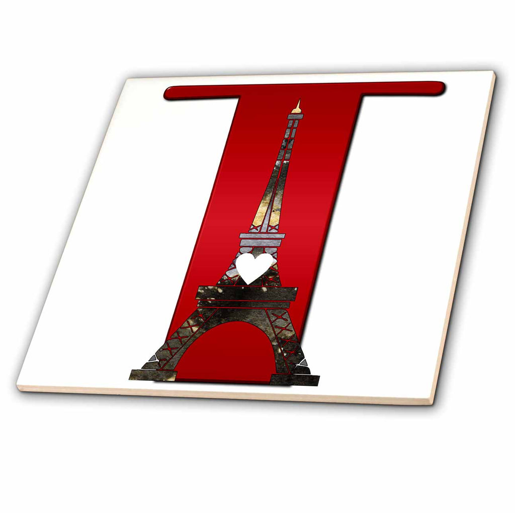 3dRose Red Monogram Initial T with an Eiffel Tower - Tiles (ct_354687)
