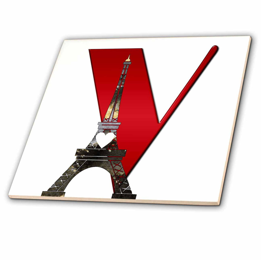 3dRose Red Monogram Initial V with an Eiffel Tower - Tiles (ct_354688)