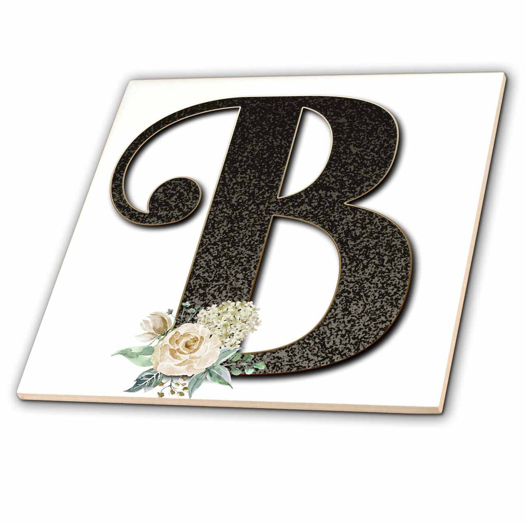 3dRose Monogram Initial B with Pretty White Floral - Tiles (ct_354693)