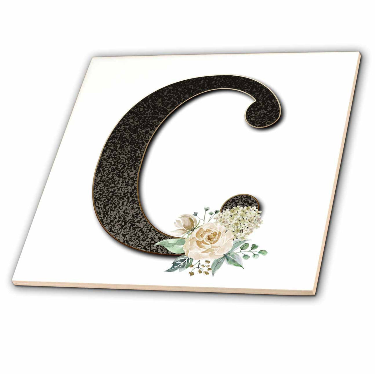 3dRose Monogram Initial C with Pretty White Floral - Tiles (ct_354694)