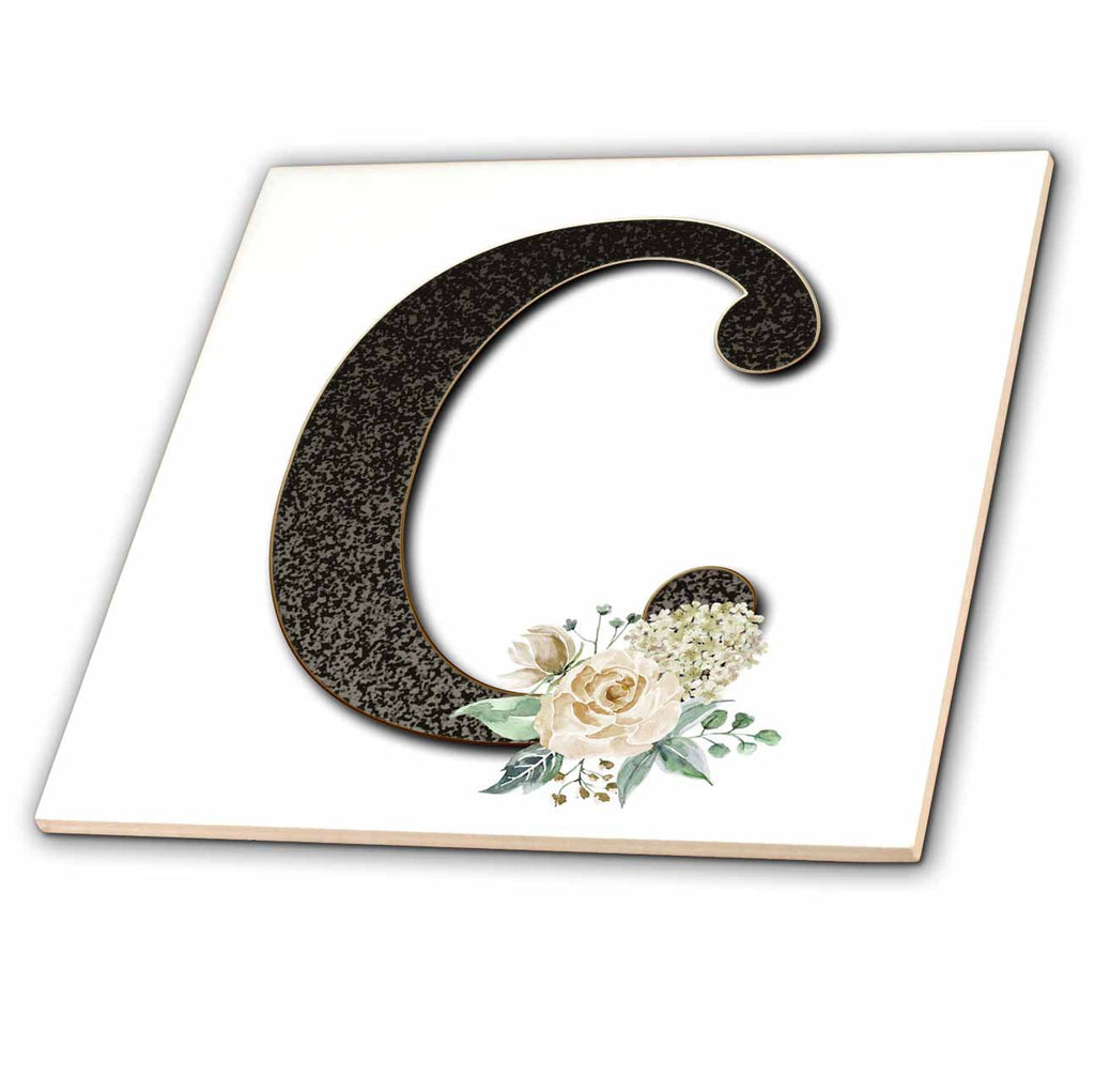 3dRose Monogram Initial C with Pretty White Floral - Tiles (ct_354694)