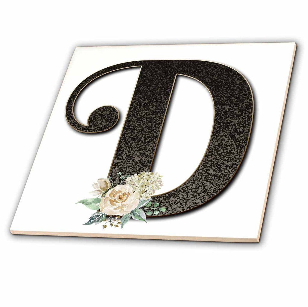 3dRose Monogram Initial D with Pretty White Floral - Tiles (ct_354695)