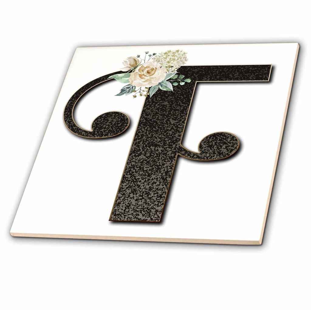 3dRose Monogram Initial F with Pretty White Floral - Tiles (ct_354696)