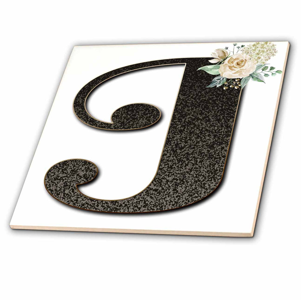 3dRose Monogram Initial J with Pretty White Floral - Tiles (ct_354699)